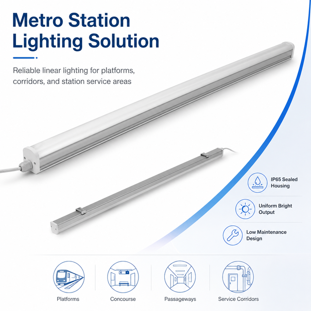 LED Tri-Proof Linear Light for Metro Station Platforms Passageways and Underground Transit Lighting Projects