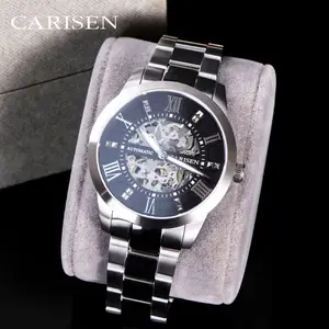 Carisen นาฬิกาผู้ชาย,เคสสแตนเลส42มม. สายหนังแท้คุณภาพสูงเคลื่อนไหวอัตโนมัติสีดำ