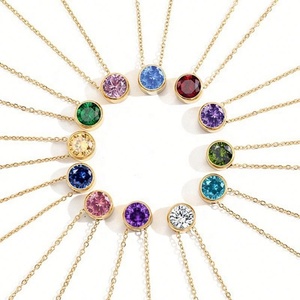 Collier personnalisé ZYO avec pierre de naissance en CZ brillante et colorée, chaîne à maillons ronds en acier inoxydable, collier avec pierre de naissance en acier inoxydable - Product Image 1