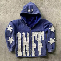 Sweat à capuche zippé pour homme, coupe ample et courte, en tissu épais, délavé à l'acide, avec broderie et appliques patch personnalisées effet vieilli