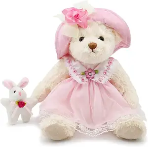 Urso de pelúcia pequeno, pequeno urso de pelúcia macia com pano de 10 inchês rosa com vestido de renda com coelho