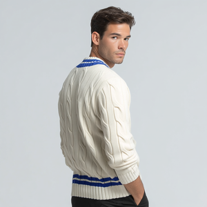For Cable Knit Breathable Autumn <strong>Cricket</strong> Sweater Men Purple Blue Striped Trim V-Neck Preppy Pullover Tennis <strong>Jumper</strong> - Product Image 2