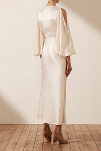 Jurk Dames Vestito Donna OEM Robe midi décontractée à manches bouffantes en satin de couleur unie pour femme élégante - Product Image 3