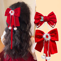 Nouvel an épingle à cheveux enfants arc cheveux accessoires fille rouge velours ruban arc épingle à cheveux noël arc pince à cheveux avec pompon blanc