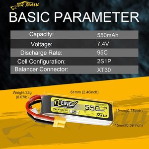 Tattu R-Line 550mAh 7.4V 95C 2S Lipo Battery Pack With Xt30 <b>Plug</b> For Fpv Racing Quadcopter - Product Image 2
