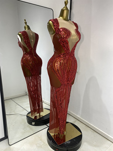 Abito Lungo Sexy Europeo-Americano per l'Estate, Rosso Brillante con Paillettes e Cristalli, <span class=keywords><strong>in</strong></span> <span class=keywords><strong>Tulle</strong></span> <span class=keywords><strong>Trasparente</strong></span> per Cantanti, Spettacoli e Feste - Product Image 2