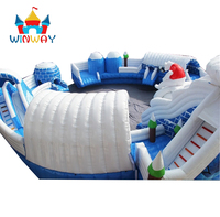 Parc aquatique gonflable bleu-blanc en PVC personnalisé en plein air avec piscine pour enfants et adultes à jouer et à louer à des fins commerciales