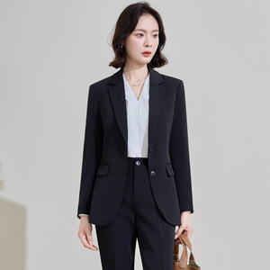 Women's Navy Blue Suit Set Polyester Worsted Full Sleeve Anti-Wrinkle Elegant Spring Workwear Formal Outfit - Product Image 2