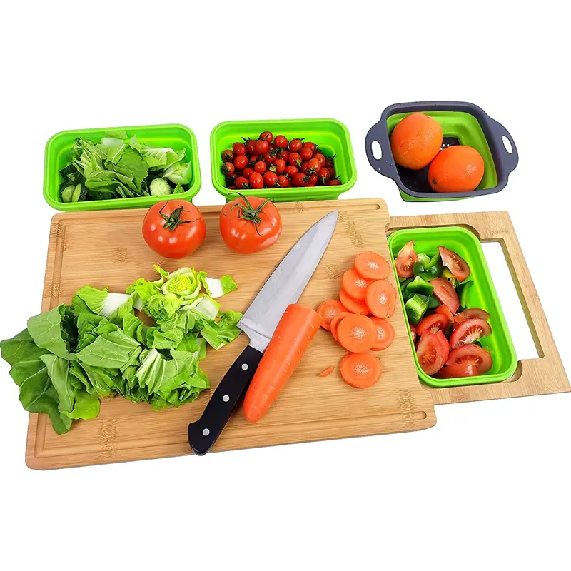 Kitchen Multifunctional Large Natural Wood Chopping Block Trays Bamboo Cutting Board With Containers