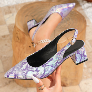 Women Comfortable Light Weight Recyclable PU <b>Cushioning</b> Pointed Toe Snakeskin Print Chunky Heel Slingback Buckle Closure Autumn - Product Image 3