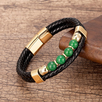 Bracelet pour homme en cuir véritable tressé à double couche avec fermoir en acier inoxydable de haute qualité, perles en pierre naturelle, logo personnalisé