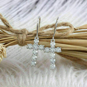 E925 <b>White</b> <b>Gold</b> Diamond <b>Cross</b> Earrings Women's Religious Ceremonies Round Brilliant Cut G Color Natural Stone - Product Image 3