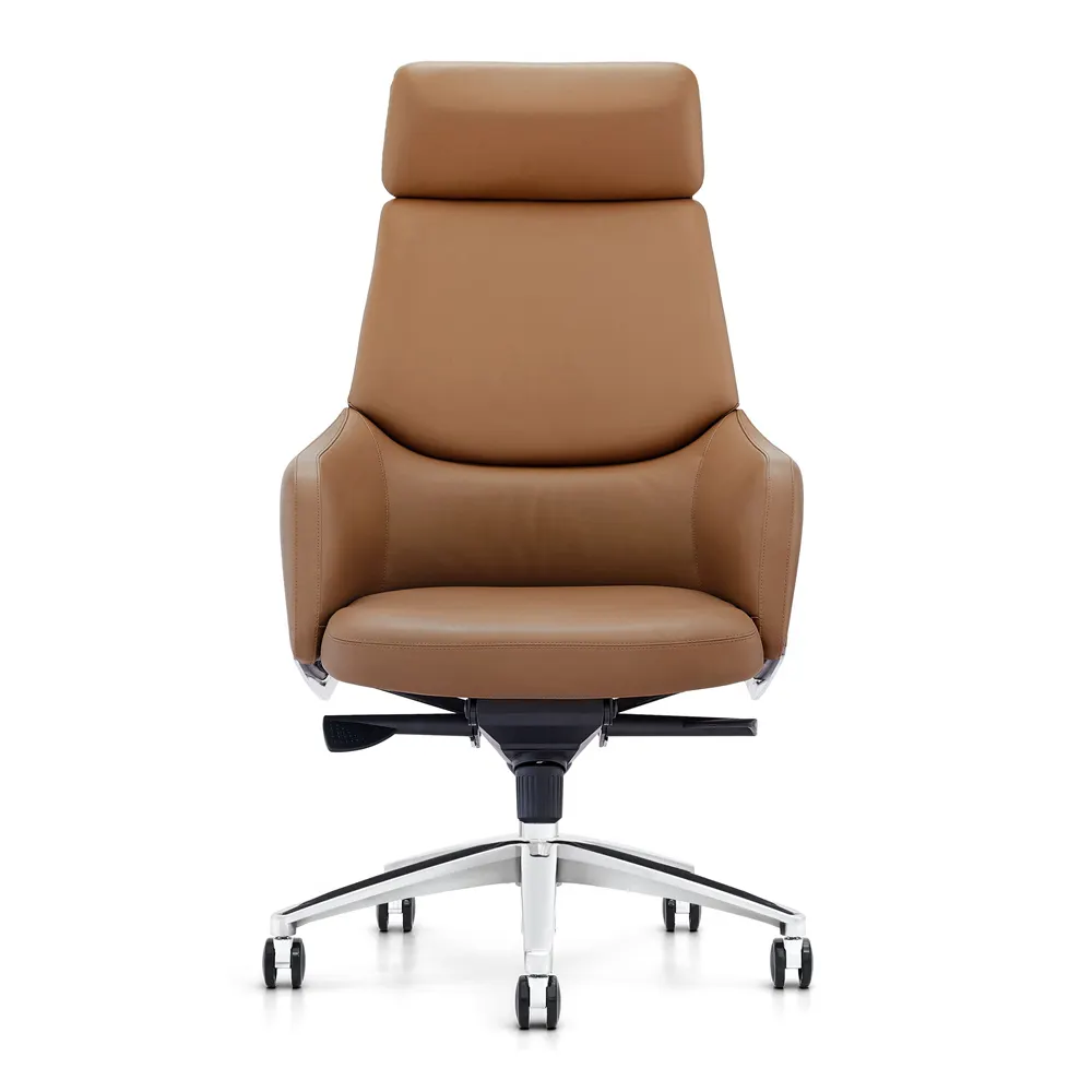 Cadeira executiva premium em couro PU marrom, apoio de cabeça e braço, cadeira giratória para escritório