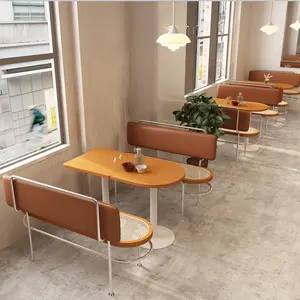 E1 MDF Commercial Furniture Leather Natural Rattan Bench Cafe Table And Cantilevered Chair