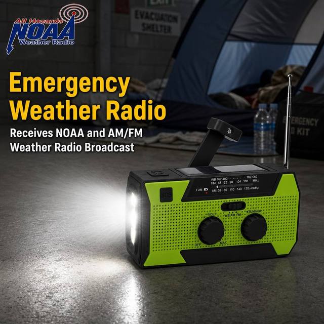 NOAA Weather Alert Solar Hand Crank 5000mAh Power Bank LED Flashlight SOS Alarm Portable Hurricane Storm Radio