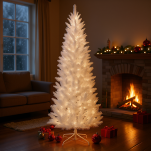 Sapin de Noël floqué FCH de 6,5 pieds, blanc, élégant, décoratif, pour intérieur, avec éclairage LED - Product Image 2