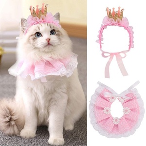 Ensemble de costumes d'<span class=keywords><strong>anniversaire</strong></span> pour animaux de compagnie, couvre-chef unisexe pour chat, écharpe en dentelle avec couronne - Product Image 2