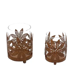 Conjunto de ferro para decoração de casa, conjunto de 2 peças de ferro com ferrugem, metal, chá leve, suporte de vela de ferro, copo com jarra de vidro, para decoração da mesa