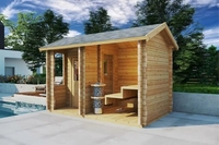 Sauna extérieur traditionnel en bois massif |   Éclairage avec intégration piscine, idéal pour les espaces spa de jardin