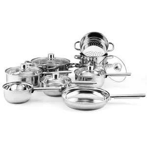 14pcs 201SS Cooking Pot Customizable Wholesale Kitchen Cook Pots Kitchenware Stainless Steel Cookware Set with Glass Lid