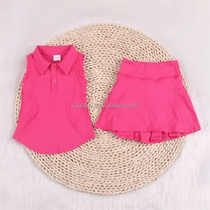 Summer Breathable Girls Yoga Outfits Hot Pink Workout Tennis Boutique Clothes Set Spandex Nylon Tank Skort Set