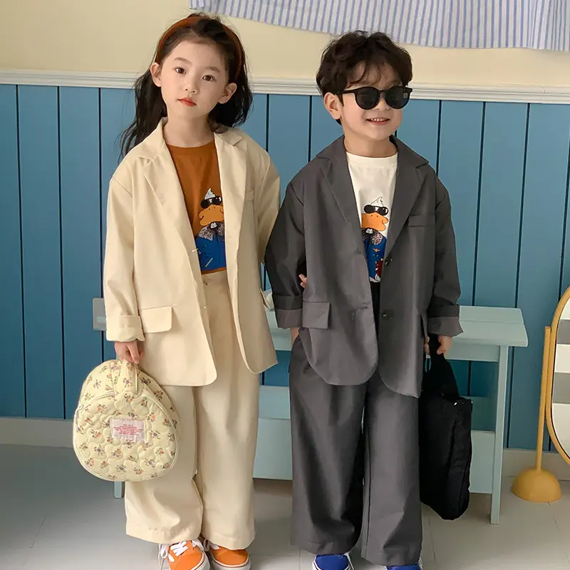 2023 spring Korean design unisex infant baby girls blazer with pant toddler kids boy suit 2 pcs loose clothing sets 4191