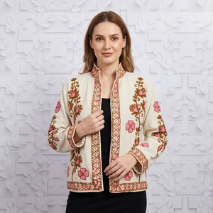เสื้อแจ็คเก็ตแขนยาวแบบสั้น ผ้ากำมะหยี่ปักลายแบบแคชเมียร์ ทำมือ สำหรับฤดูหนาว ผ้าฝ้าย 100% ระบายอากาศได้ดี เป็นมิตรกับสิ่งแวดล้อม สำหรับผู้หญิง - Product Image 1