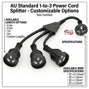 <span class=keywords><strong>Cable</strong></span> de Alimentación Divisor en Y de 3 Vías, Longitud Personalizada, 1.0mm2 1.5mm2, Certificado SAA, Cobre Puro AS/NZS 3112, con Conector IEC Hembra - Product Image 2