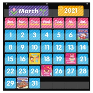 Kalender besar 44 kantung, kalender saku untuk kelas dengan kartu kalender Bulanan dan cuaca grafik saku hitam untuk anak-anak
