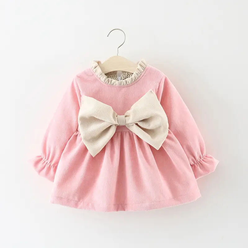 New Infant clothing fashion Baby Girl Bowknot Dress Thickened Plush Long Sleeve Baby Dress