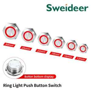 Stainless Steel Push Button Switch Short-Throw Self-Reset Momentary 12mm LED Touch Elevator Button Waterproof Red