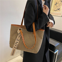 Tas Selempang Kanvas Motif Houndstooth Leopard Kapasitas Besar Custom Grosir dengan Pita untuk Wanita