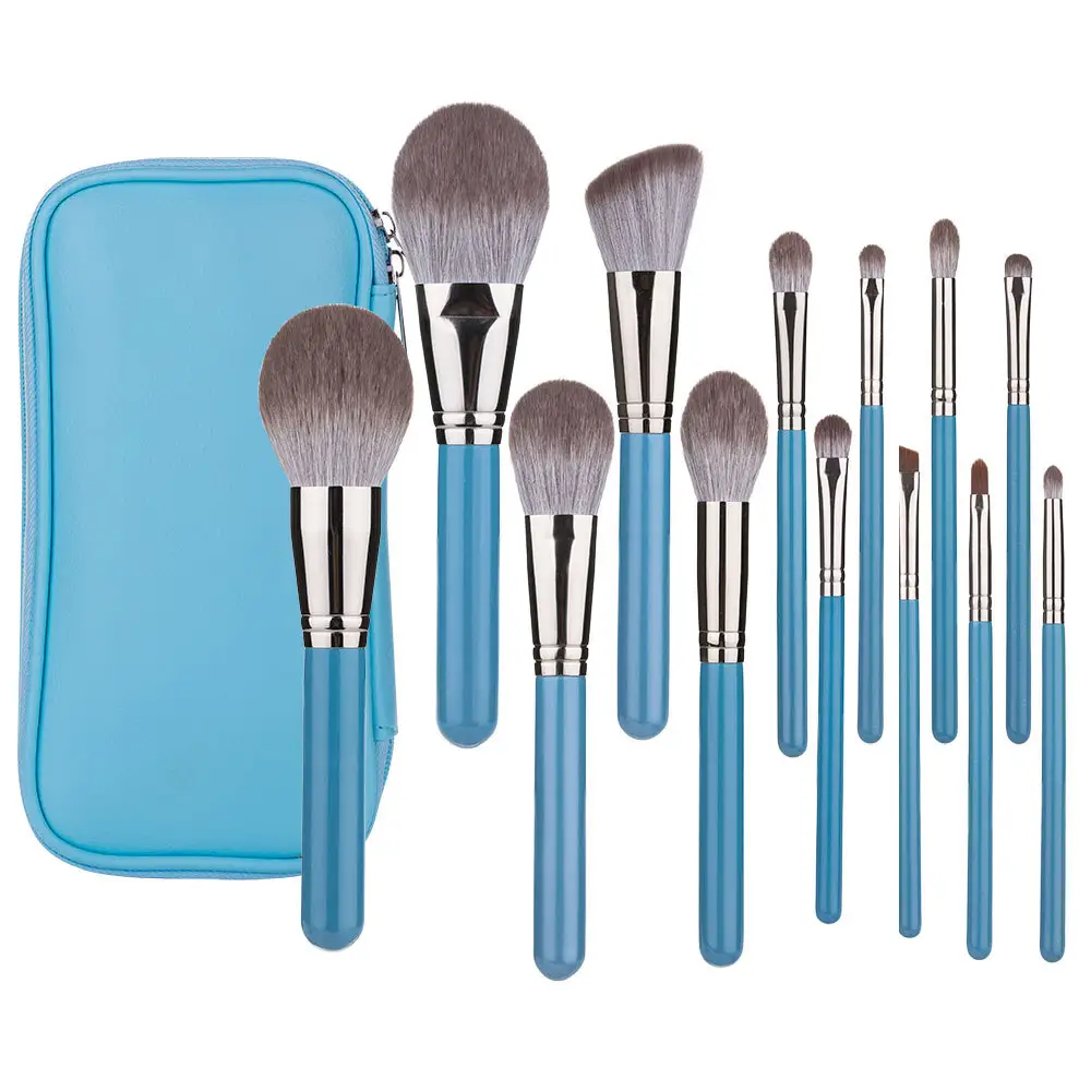 Hoge Kwaliteit Zacht Haar 13 Stuks Blauwe Make-Up Borstel Set Private Label Groothandel Hout Handvat Veganistische Make-Up Borstels Set Met Tas