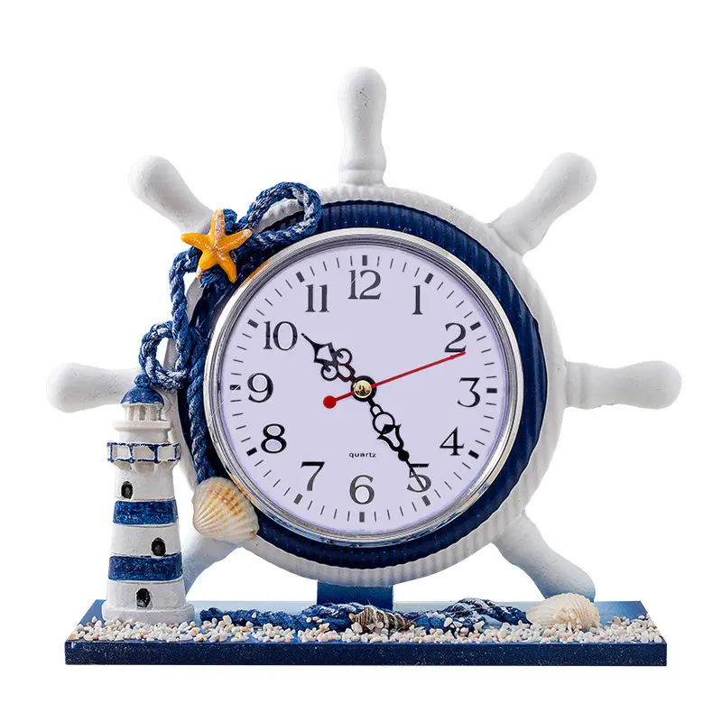 Beach Theme Decor Ornament Mediterranean Style Nautical Silent Desk Clock Lighthouse Helm Wooden Ship Wheel Rudder Shelf Clocks