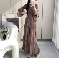 Vente en gros OEM ensemble deux pièces pour femmes musulmanes modestes vêtements de détente décontractés plissés pantalons à jambes larges ensemble de cardigans solides pour le Ramadan