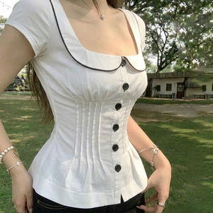 Blusa Femenina con Cintura Fruncida y Cuello Cuadrado, Estilo Pure Desire, Top Sencillo de Verano para Mujer, Camisa Casual y Linda - Product Image 4