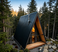 Villa préfabriquée de luxe à deux étages avec structure triangulaire, terrasse et balcon, cabane modulaire moderne, hôtel boutique, hôtel de montagne, maison d'hôtes, entrée