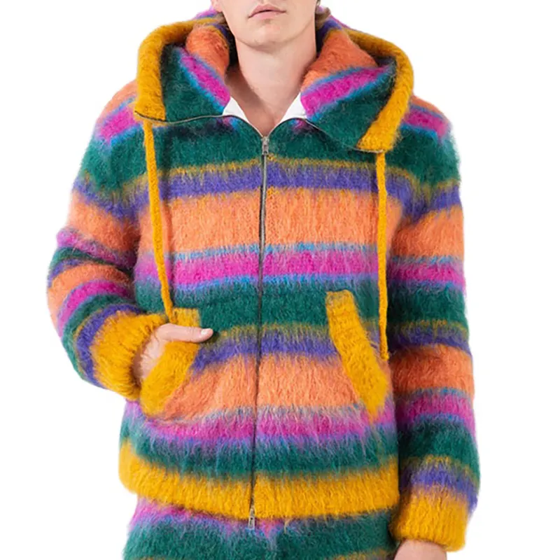 HUIFAN Custom Logo Fuzzy Mohair Sweater Men Long Sleeve Zip Up Knitwear Winter Striped Knit Hooded Cardigan Knitted Sweater