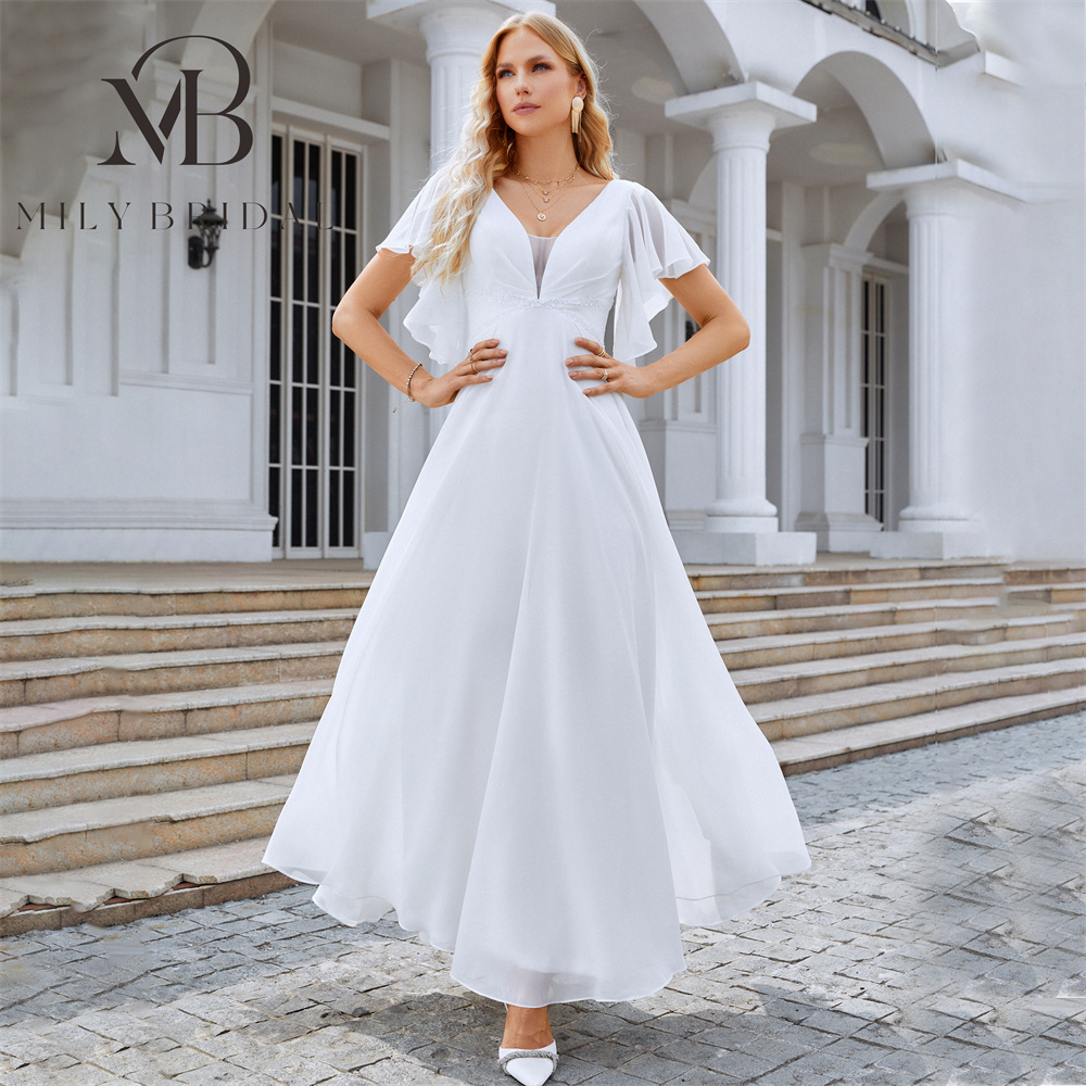 short midi wedding dresses for beach A-line V-neck Detachable Train Beach Wedding Dress MW740 main image 1