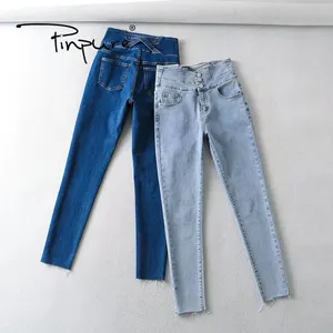 Calças jeans femininas r30635s, novo modelo europeu de primavera, lavadas, 3 alças de fivela, para cruz, na cintura, jeans