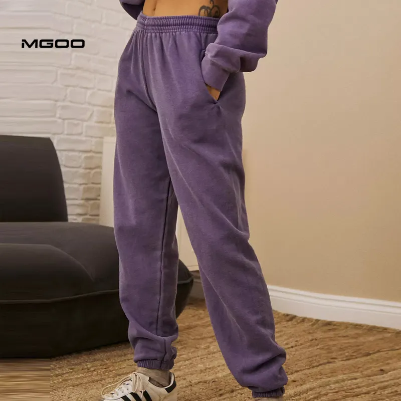 MGOO Plain Blank Streetwear Women Cotton Fleece Elastic Hem Pants Custom Acid Washed Purple Jogger