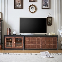 Meuble TV de luxe en bois massif, style vintage français et moderne du milieu du siècle, console multimédia en noyer foncé avec portes vitrées et tiges décoratives pour salon