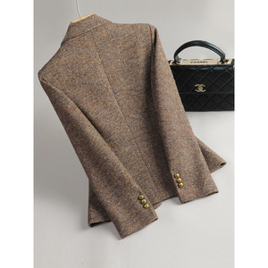 Women's Wool Tweed Blazer Gray Anti-Wrinkle Professional Casual Autumn Winter 2024 Korean Style - Product Image 3