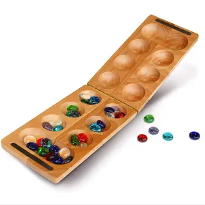 Caixa de jogo de pedra africana de madeira, de alta qualidade, dobrável, mancala com pedras de madeira sólida & vidro para crianças, escola, casa