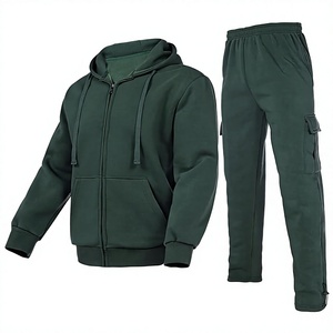 Ensemble de survêtement pour homme vert foncé à capuche, fermeture éclair intégrale, couleur unie, décontracté, athlétique, 100 % coton respirant, épais, hiver - Product Image 1