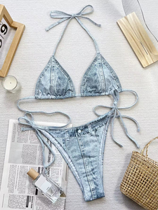 Xuanlang - Conjunto de Bikini de 2 Piezas con Estampado Vaquero, Cuello Halter, Push-Up y Tanga, de Secado Rápido, con Lazo, para Mujer - Product Image 5