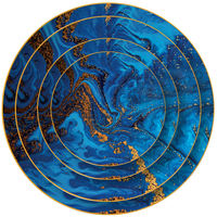 Assiette de présentation ronde en céramique motif marbre bleu avec feuille d'or pour mariage, fête, décoration de table et de maison