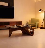 Table basse en verre trempé avec base en bois, table à thé minimaliste scandinave pour salon