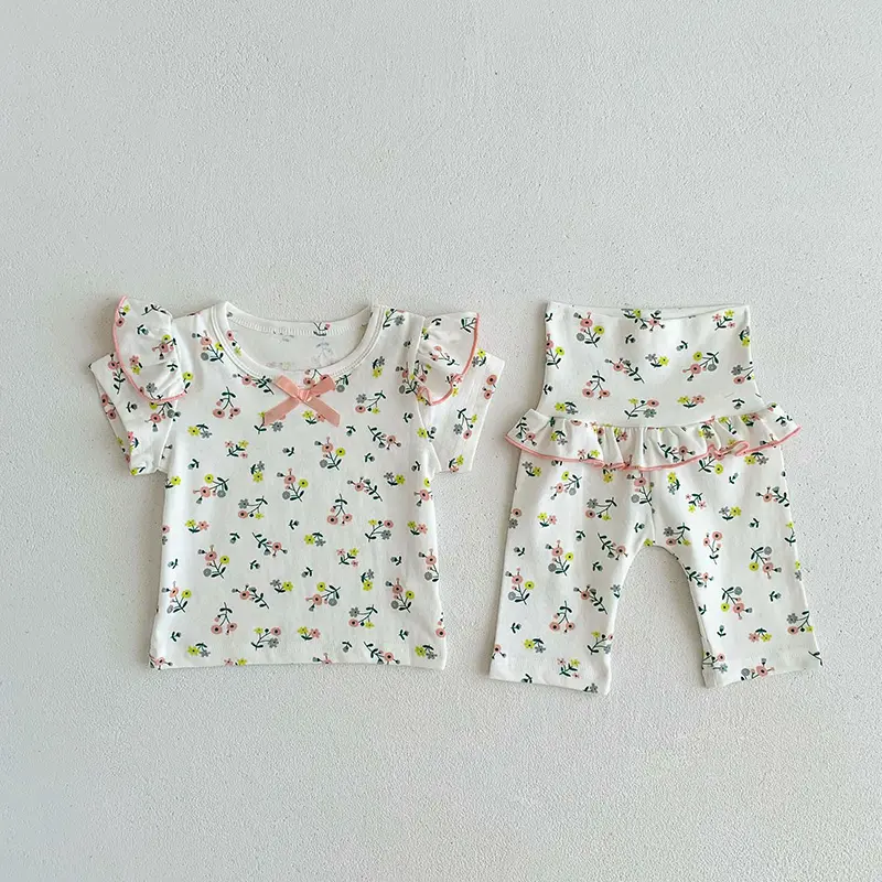 Ensemble de pyjama Floral à volants pour fille, vêtements de nuit, été 2023