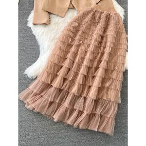 Setelan pakaian kantor wanita dua potong, jaket sosialita pinggang tinggi, rok kue jaring berlapis A-line untuk wanita - Product Image 3